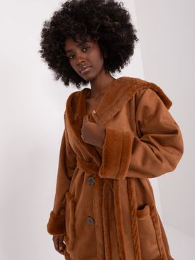 Hnedý zateplený bavlnený kabát s kožušinou a kapucňou