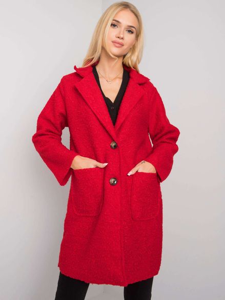 Dámsky červený kabát s vreckami Polli OCH BELLA