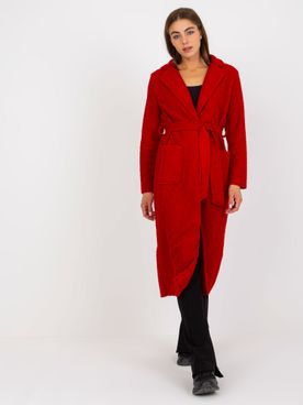 Dlhý tmavo-červený plyšový kabát s opaskom Merve OCH BELLA