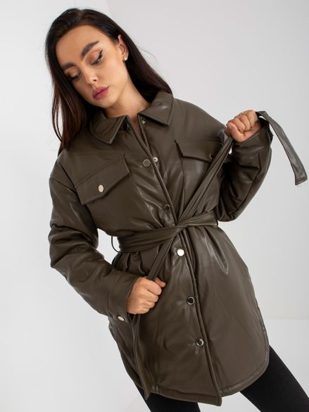Khaki dámska kabátová bunda z eko kože