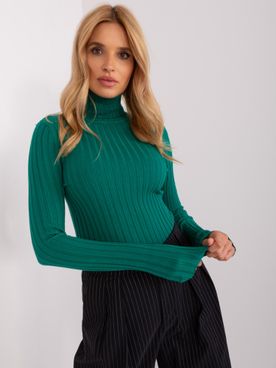 Klasický tmavo-zelený rebrovaný sveter s golierom