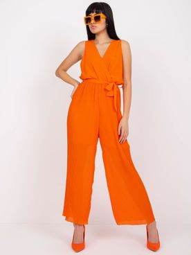 Oranžový dlhý plisovaný overal so širokými nohavicami