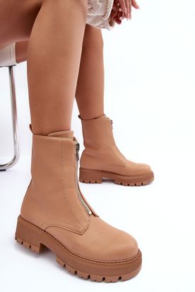 Kožené béžové platformové topánky pre ženy s predným zipsom