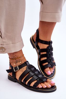 Kožené čierne pruhované klasické sandále s ozdobnými cvokmi