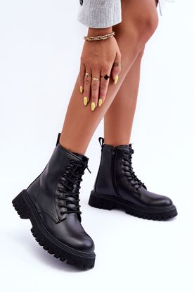 Kožené čierne topánky workery pre ženy
