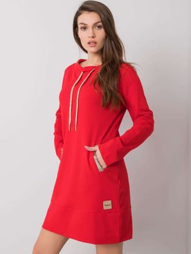 Krátke červené mikinové šaty so zlatými šnúrkami a vreckami