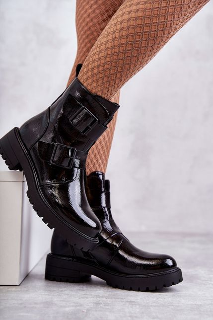 Čierne lakované dámske topánky so zipsom a prackami