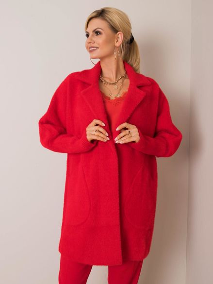 Dámsky červený kardigánový kabát s vreckami