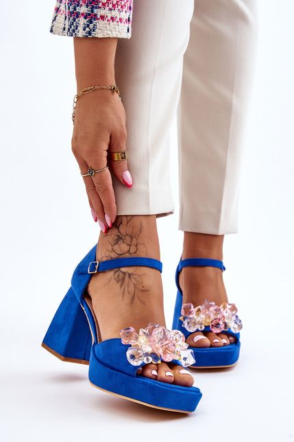 Módne semišové modré sandále s kryštálmi na hrubých podpätkoch