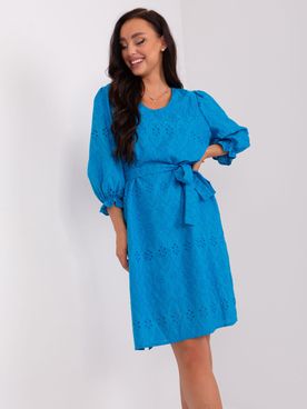 Modré romantické bavlnené ažúrové šaty s volánovými rukávmi a opaskom