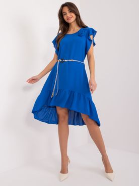Modré romantické šaty s volánom a opaskom