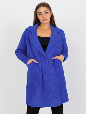 Modrý vlnený dámsky kardigánový polodlhý kabát