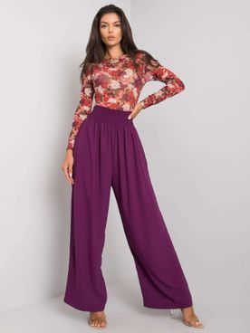Široké fialové látkové nohavice s vysokým pásom