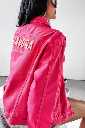 Ola Voga dámska ružová rifľová bunda s nášivkou na chrbte