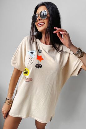 Ola Voga dámske béžové bavlnené oversize tričko s potlačou