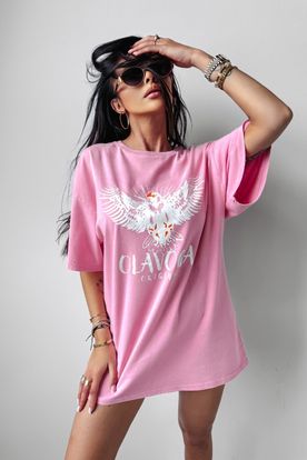 Ola Voga dámske ružové bavlnené oversize tričko s potlačou