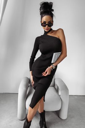 Ola Voga dámske čierne rebrované priliehavé šaty s jedným rukávom