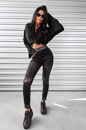 Ola Voga dámske skinny džínsy s vysokým pásom na gumičku a zipsom vzadu v tmavosivej farbe