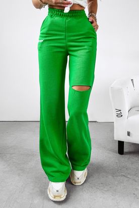 Ola Voga dámske tepláky s vysokým elastickým pásom a roztrhaným efektom v zelenej farbe