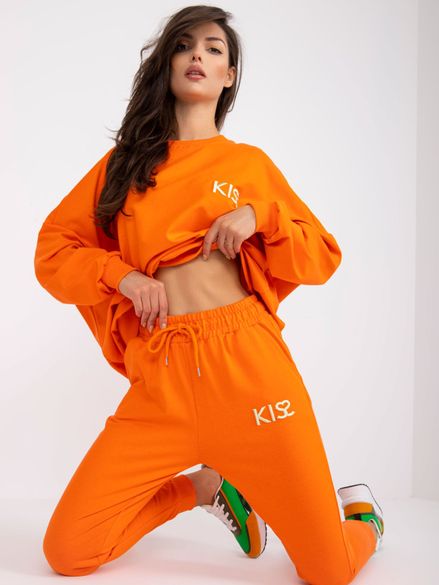 Oranžová dvojdielna tepláková súprava s mikinou bez kapucne Kiss