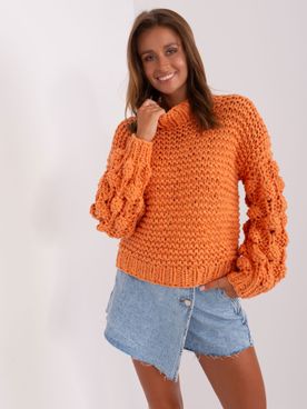 Oranžový oversize sveter s hrubým úpletom a romantickými rukávmi