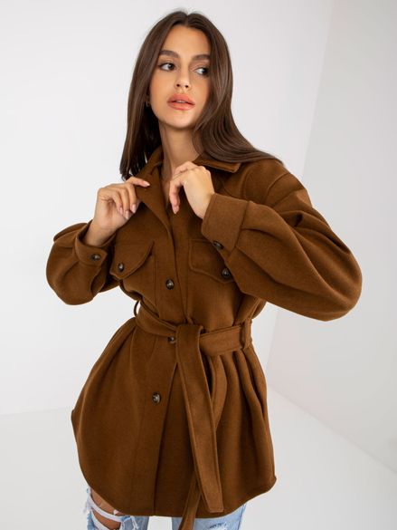 Hnedý dámsky košeľový kabát s vreckami a opaskom