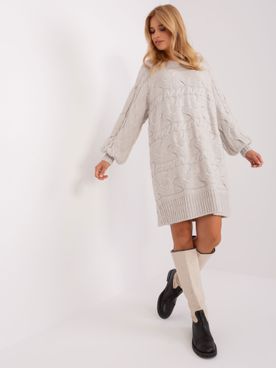 Pletené svetlo-béžové oversize šaty s vrkočovým vzorom a nafúknutými rukávmi