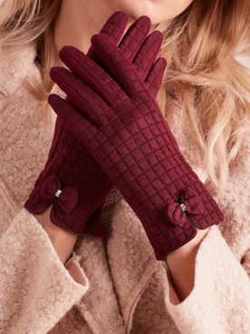 Bordové dámske kockované rukavice z kože s mašľou