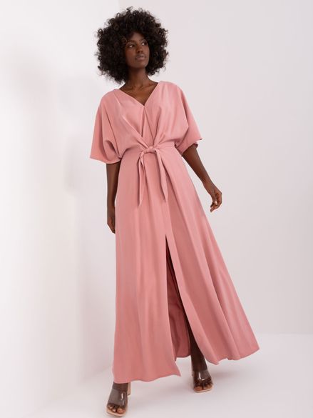 Ružové dlhé ležérne elegantné šaty s mašľou cez pás