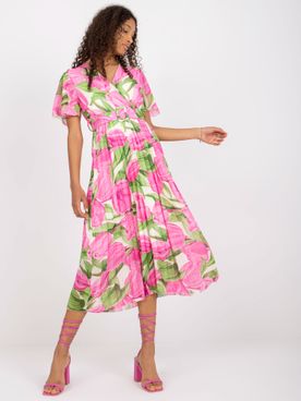 Ružovo-zelené kvetinové plisované šaty s opaskom