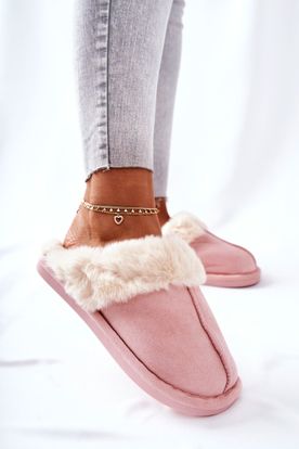 Ružové semišové nazúvacie papuče s kožušinou