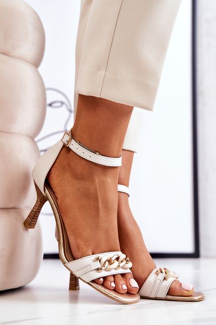 Béžové kožené sandále s retiazkou na vysokom podpätku Laura Messi