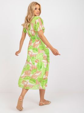 Béžovo-zelené kvetinové plisované šaty s opaskom