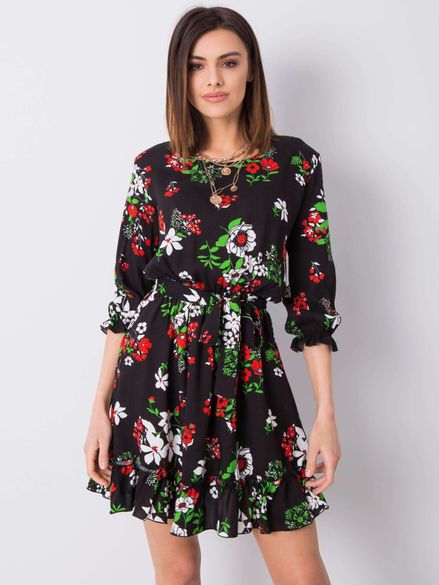 Čierne kvetinové letné šaty s volánom