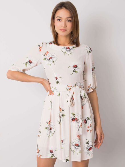 Svetlo-béžové šaty s kvetinovým vzorom a mašľou