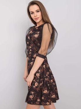 Čierne spoločenské šaty s béžovým kvetinovým vzorom a priesvitnými rukávmi