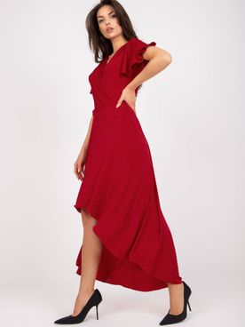 Tmavo-červené dlhé asimetrické spoločenské šaty s krátkym rukávom