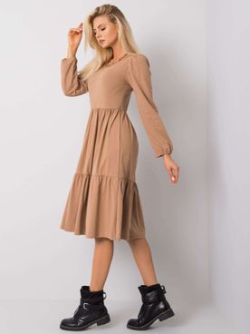 Tmavo-béžové áčkové šaty s dlhým rukávom