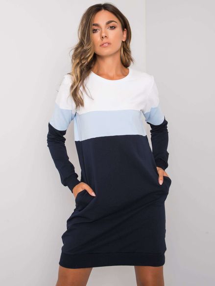 Tmavo-modré trojfarebné mikinové šaty s vreckami