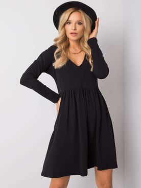 Bavlnené čierne šaty áčkového strihu s dlhým rukávom a výstrihom