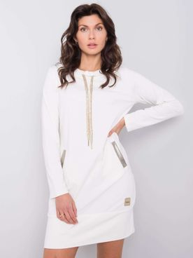 Krátke ecru biele mikinové šaty so zlatými šnúrkami a vreckami