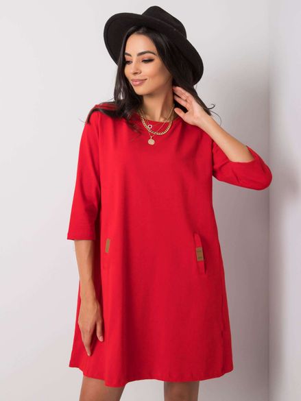 Dámske bavlnené červené voľné šaty s vreckami