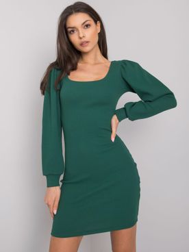 Tmavo-zelené krátke šaty s dlhým voľným rukávom