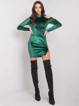 Tmavo-zelené velúrové šaty s rozparkom a dlhým rukávom