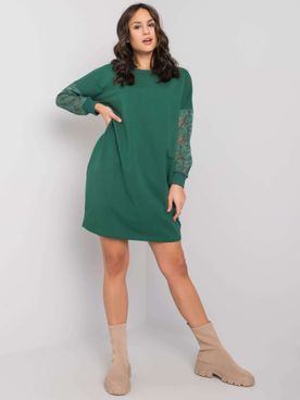 Tmavo-zelené krátke mikinové šaty s čipkovanými rukávmi