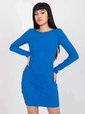 Modré krátke šaty s dlhým rukávom a voľným chrbtom