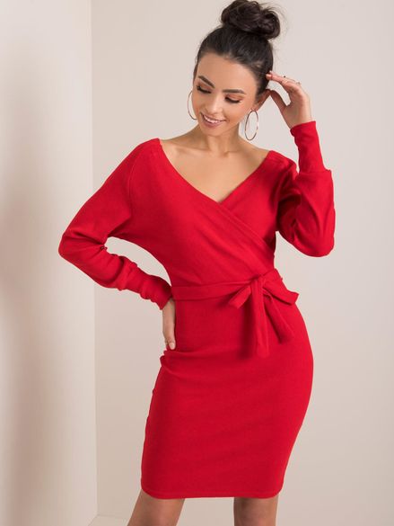 Dámske červené rebrované šaty s dlhým rukávom a mašľou