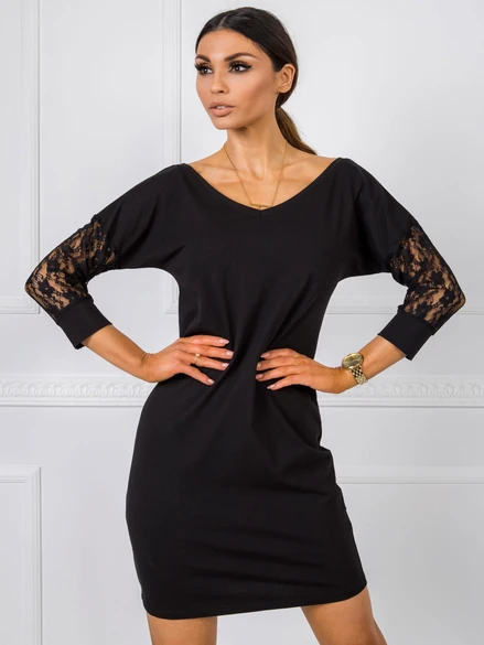 Elegantné čierne krátke šaty s čipkovanými rukávmi