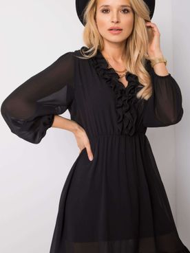 Čierne koktejlové šaty s volánmi a elastickým pásom