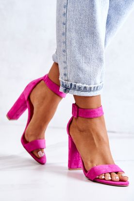 Ružové semišové sandále na vysokom stĺpikovom podpätku